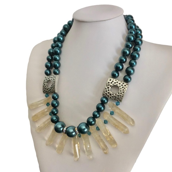 Quartz Sticks Glass Pearls Blue Aquamarine Necklace Quartz Pearls Swarovsky Crys - Picture 1 of 7